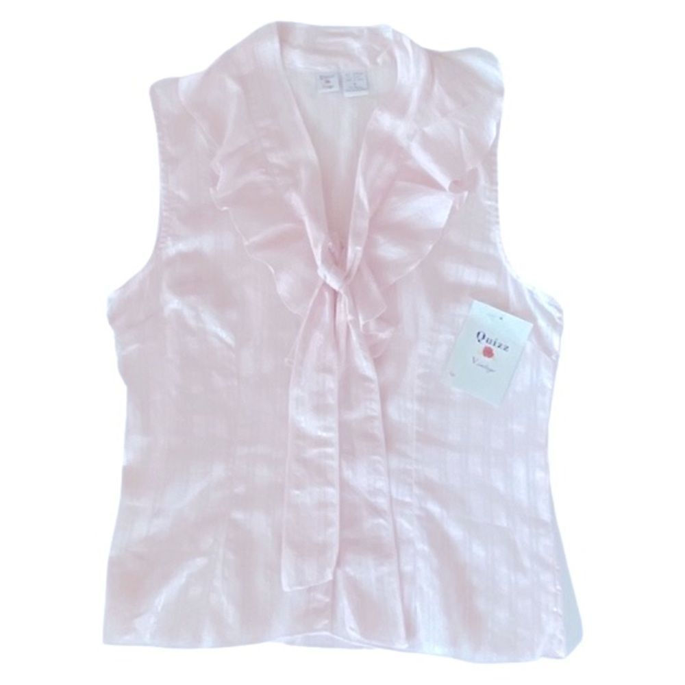 Quizz Vintage Ruffle Front Bow Sleeveless Button Up Blouse  • Medium• NWT
